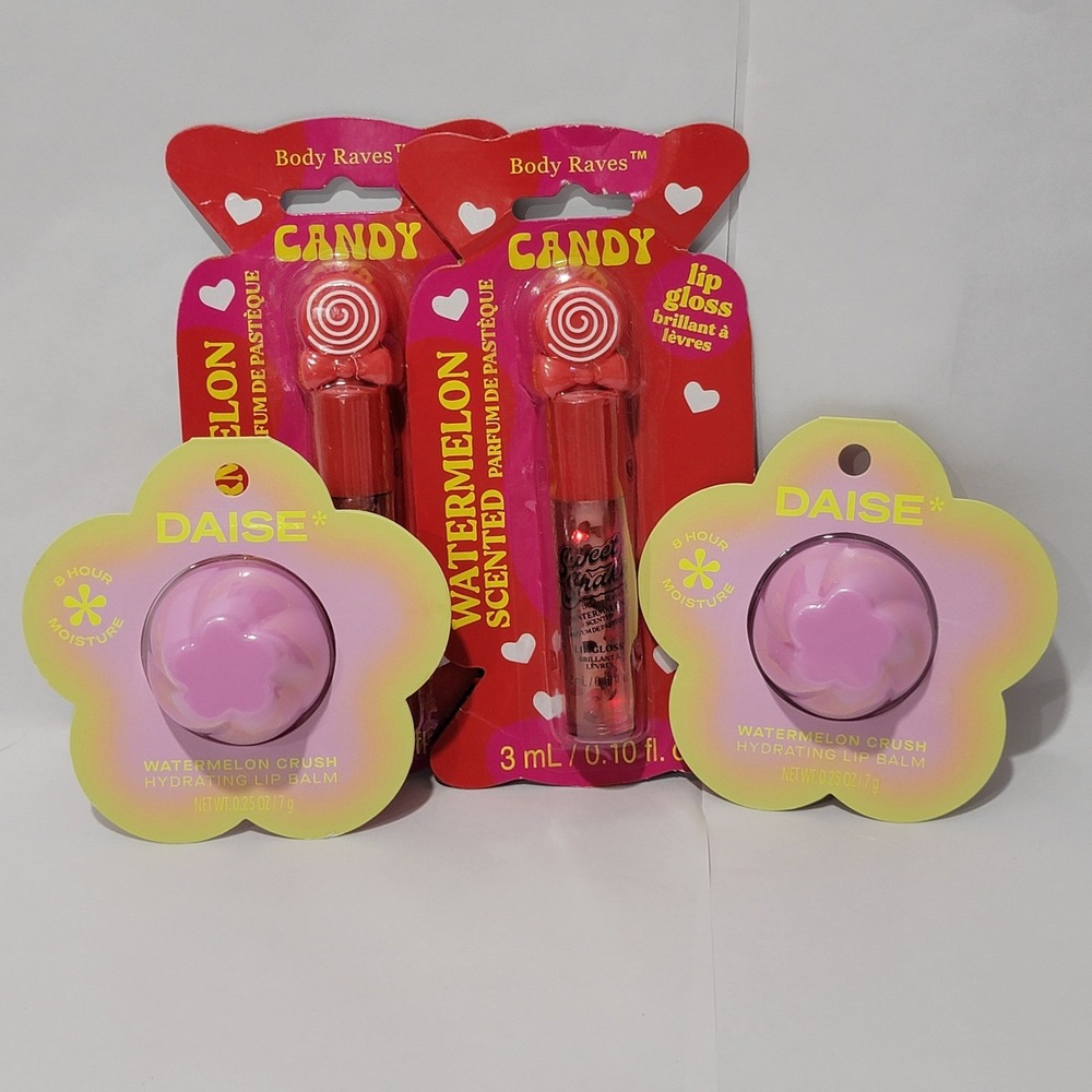 4pc Watermelon Lip Care Set Daise Hydrating Balm Body Raves Candy Gloss Bundle
